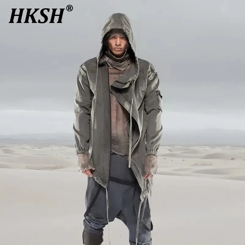 HKSH Spring New Men Tide Waste Land Punk Asymmetric Deconstruction Silhouette Trench Hooded Dyeing Vintage Cotton Jackets HK4207