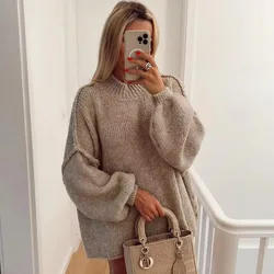 Fashion Lantern Long Sleeve Women Loose Sweater Solid Female Half High Collar Chic Knit Pullover 2023 Autumn Streetwear Knitwear