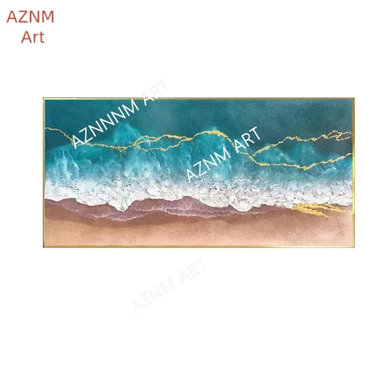 1PC ， Landscape Modern Artwork Blue Seascape Sea Wave Gold Color Decor Painting Thick Textured Painting