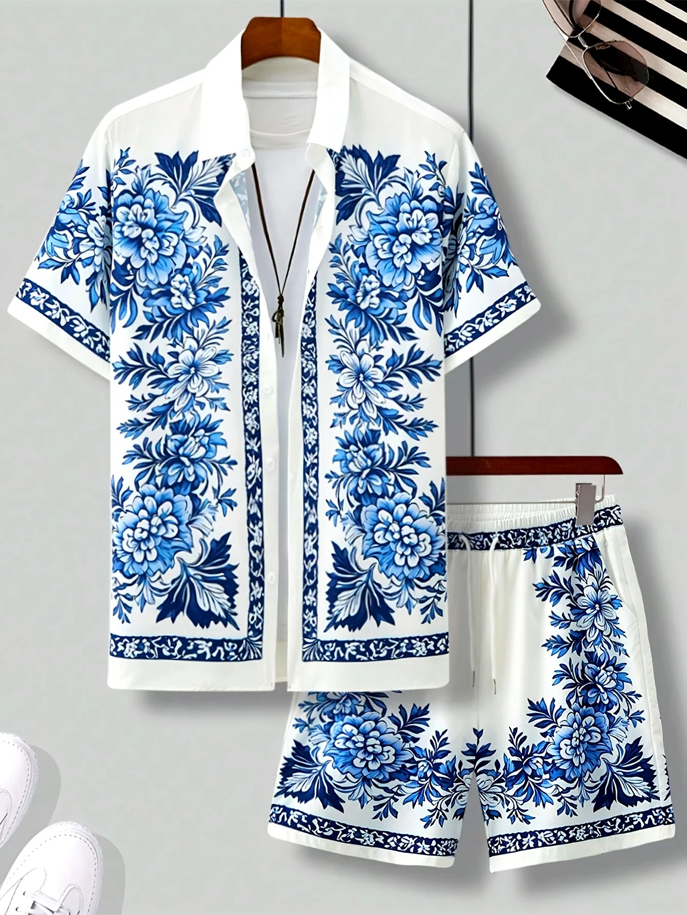 Men'S 2pcs Floral Print Casual Shirt And Drawstring Athletic Shorts Set, Hawaiian Beach Athletic Style