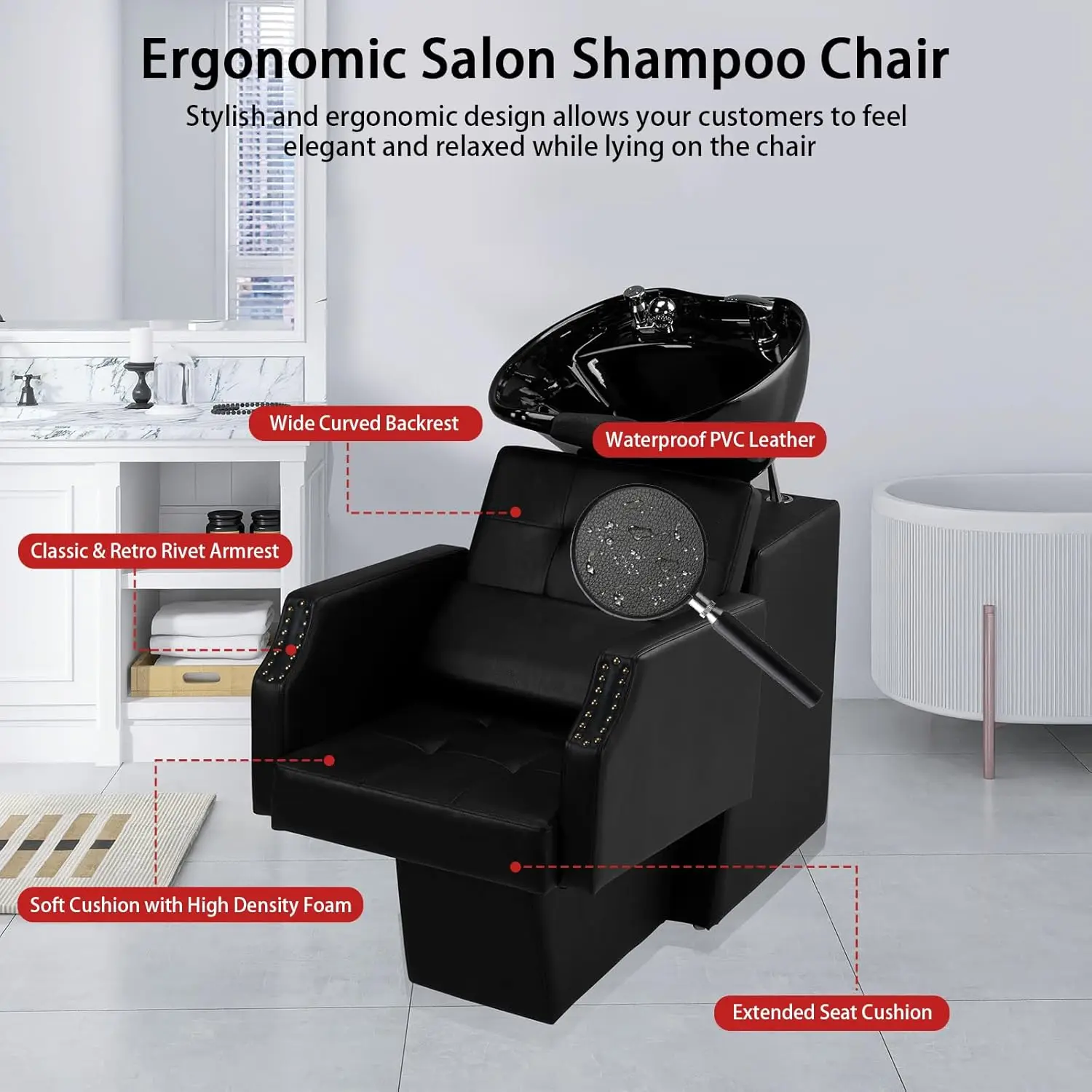 Shampoo Backwash Barber Chair with Large Ceramic Bowl, Adjustable Shampoo Bowl Sink Chair Station for Barbershop Beauty Spa Mass