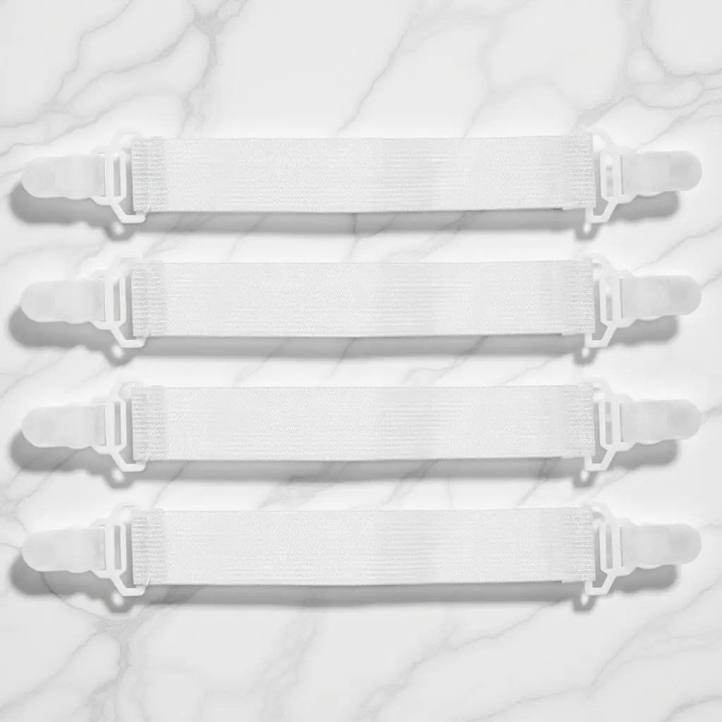 White Elastic Sheet Grippers Garter Style Bed Clip Straps with Sturdy Plastic Clips Nylon Bands for Wrinkle Free Sleeping