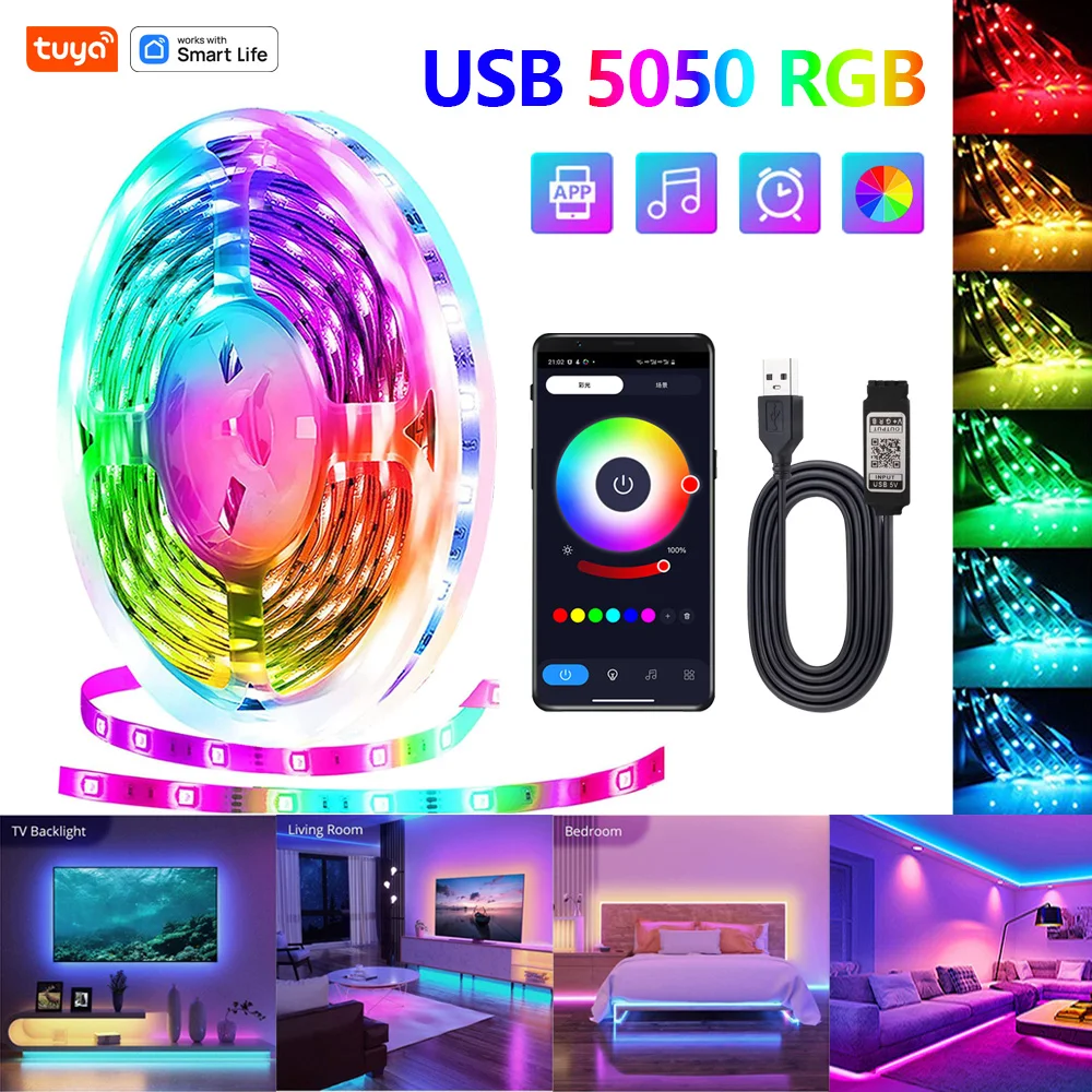 

Tuya Bluetooth RGB 5050 LED Strip Light Remote App Control TV Led Backlight Flexible Ribbon Tape USB PC Gaming Room Decoration