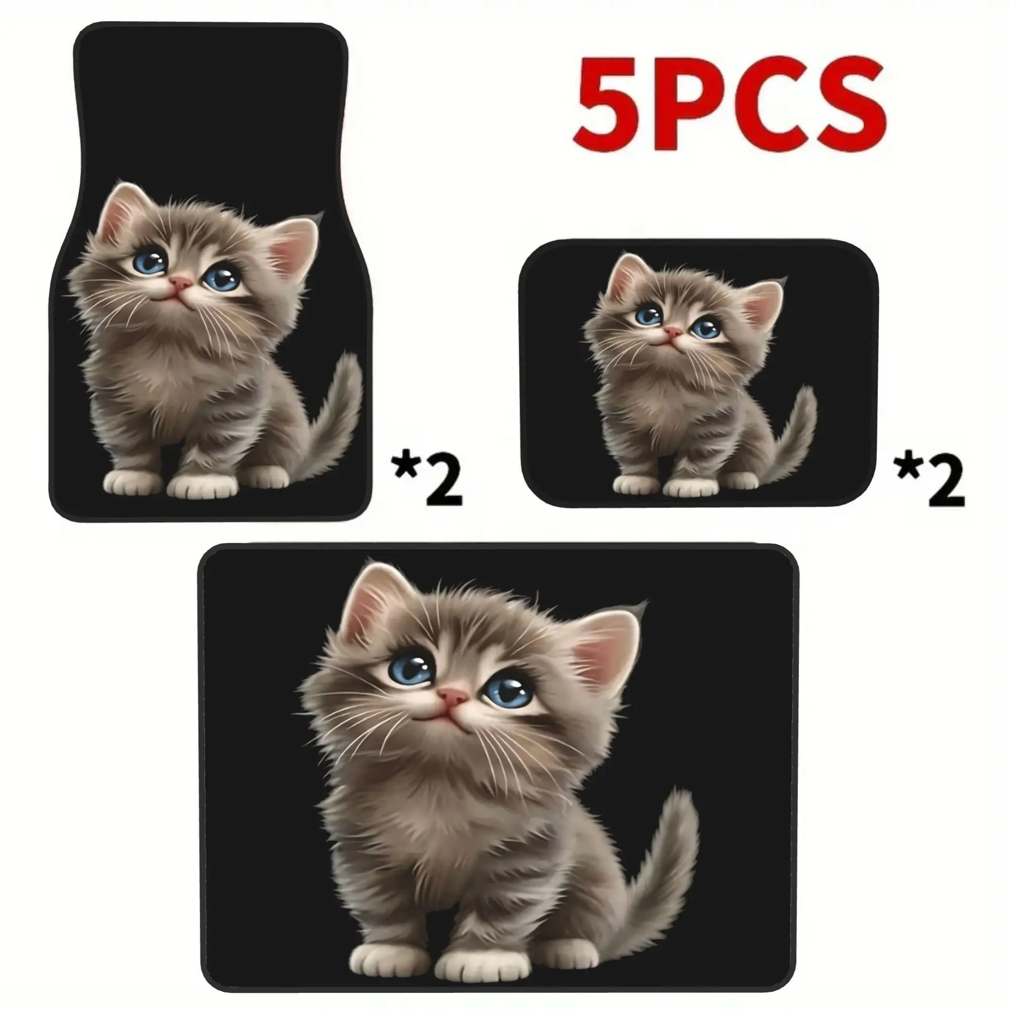 2D Flat Printing 5pcs Fluffy Gray Blue Kitten Printed Car Mats Set (4 Floor Mats + 1 Trunk Mat), Made Of Durable Elegant Interio
