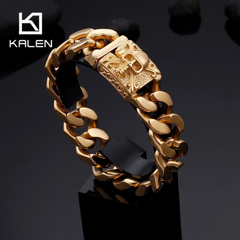 Kalen Gothic Cuban Chain Bracelet for Men Punk Stainless Steel With Skull Clasp Heavy Bracelet Vintage Charm Biker Party Jewelry