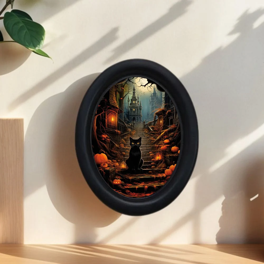 1 Piece 3D Retro Halloween Black Cat Standing Decorative Mural on the Castle Stairs - Handmade Oval Wooden Decoration Wall Art (525* 4.16inch), Oval Decoration, Halloween, Christmas, Thanksgiving Victorian Room Dark Decoration