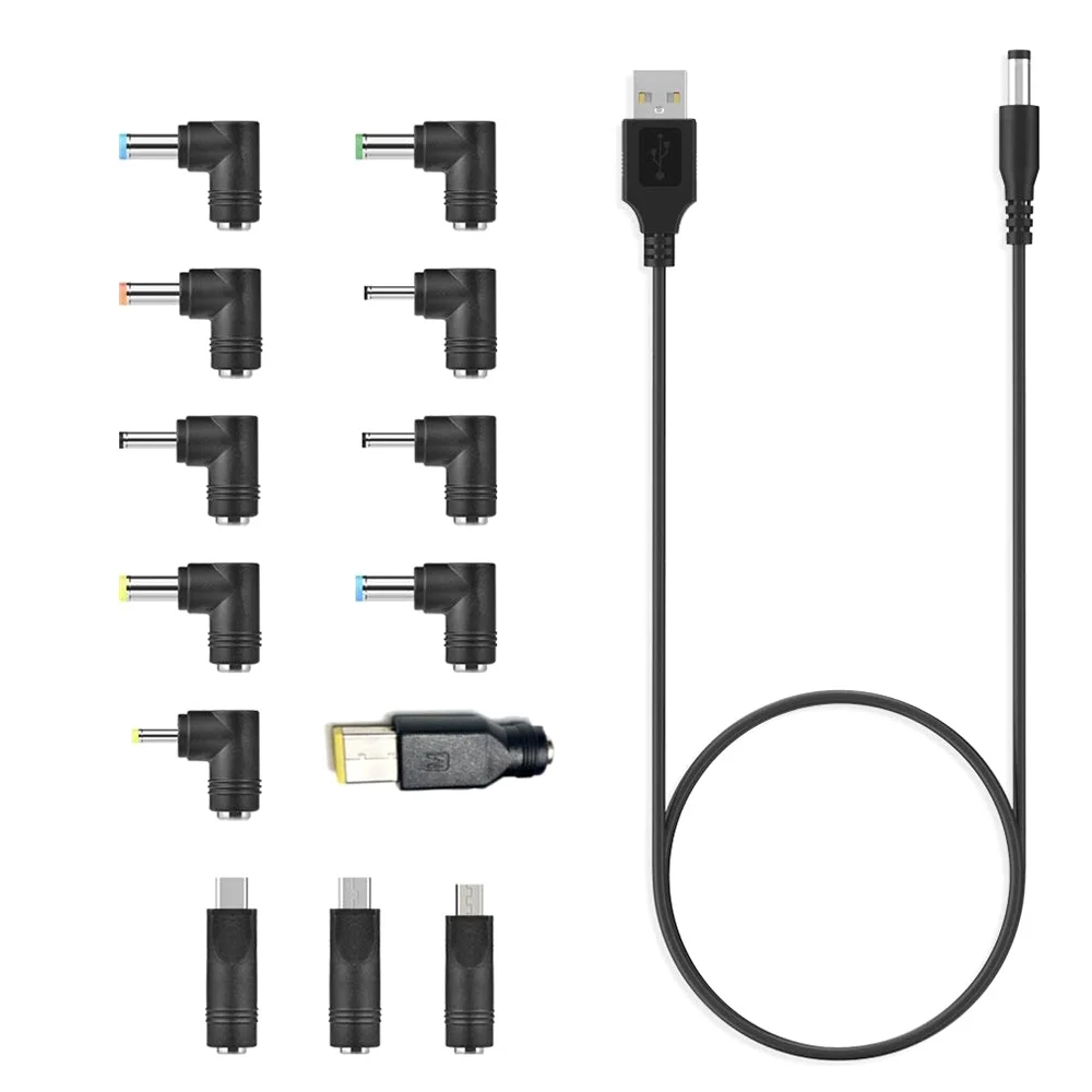 USB To DC Power Cable Universal USB To DC Jack Charging Cable Power Cord with 13 Interchangeable Plug Connectors Adapter