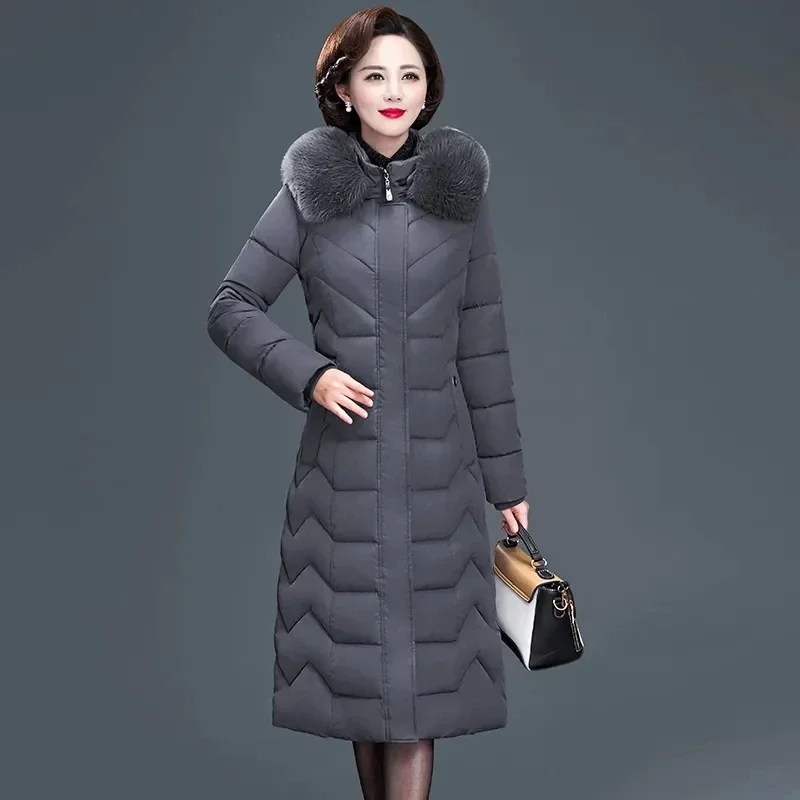 Thick Mother Down Cotton Jacket 6XL Fashion Slim Big Fur Collar Hooded Coat Warm Womens Long Overcoat Casual Snow Parkas Female