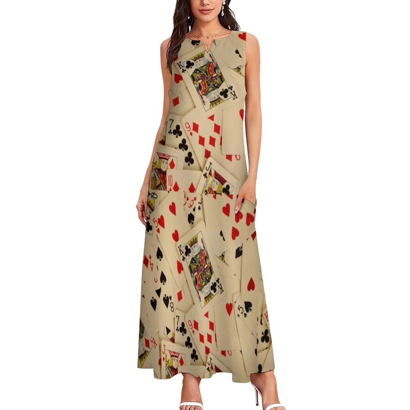 Scattered Pack of Playing Cards Hearts Clubs Diamonds Spades Pattern Long Dress Long dress women