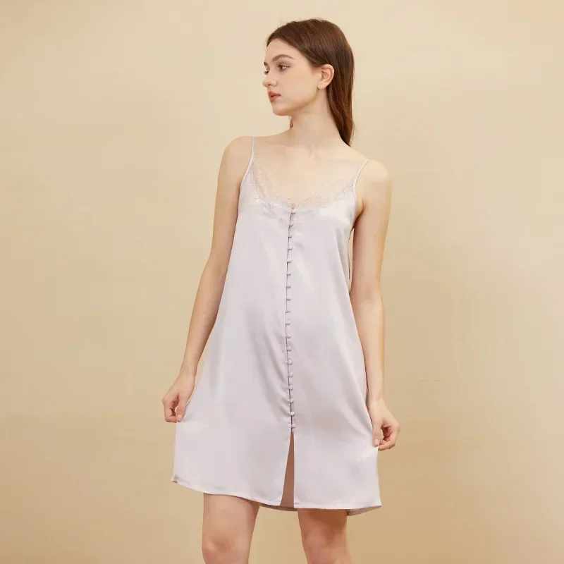 

Sexy V-Neck Silk Slip Nightdress Sweet Lace Trim 100% Mulberry Silk Sleeveless Nightgown Cute Women's Shirt Sleepwear Loungewear
