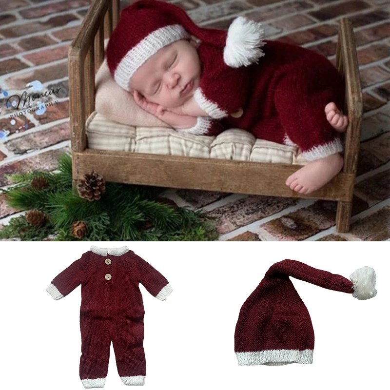 

Christmas Costumes Newborn Photography Outfits Crochet Knitted Long Tail Hat and Red Romper Sets Christmas Decor Photo Clothing