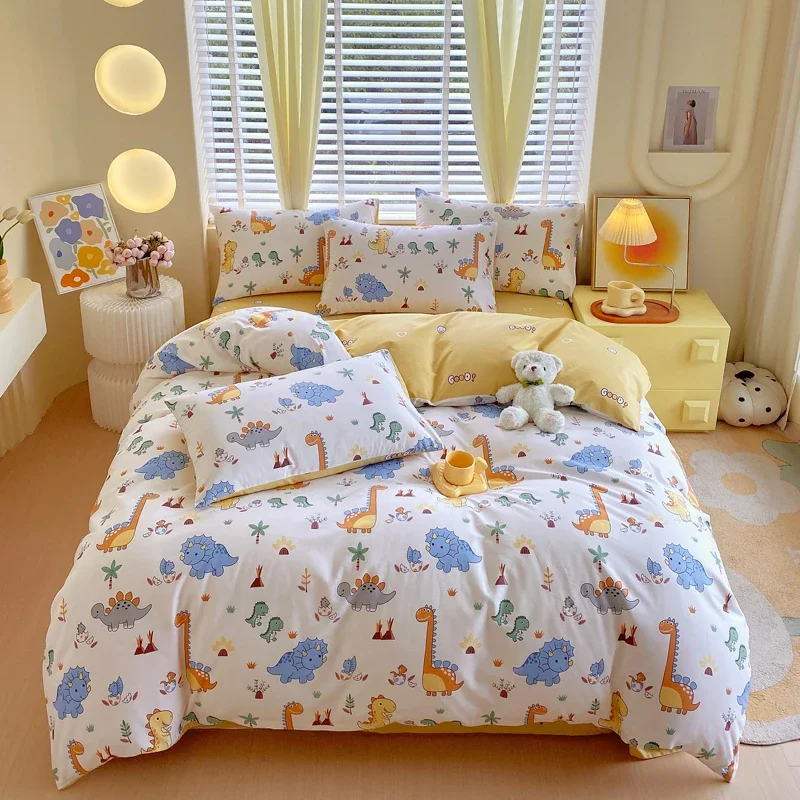 Cartoon Dinosaur Duvet Cover Set Twin King, 3PCS Dino Bedding Set for Boys Girls Toddler, Soft Cotton Reversible Comforter Cover