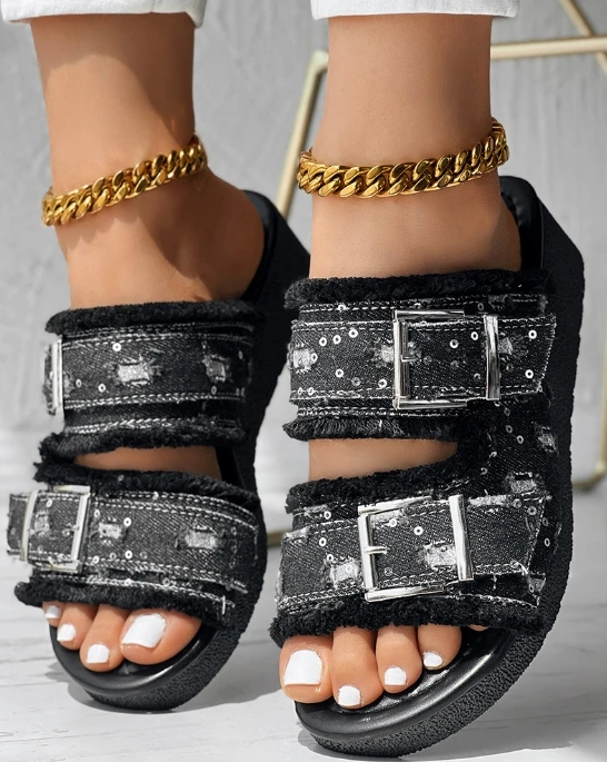 Cowboy sequin fringed wedge sandals