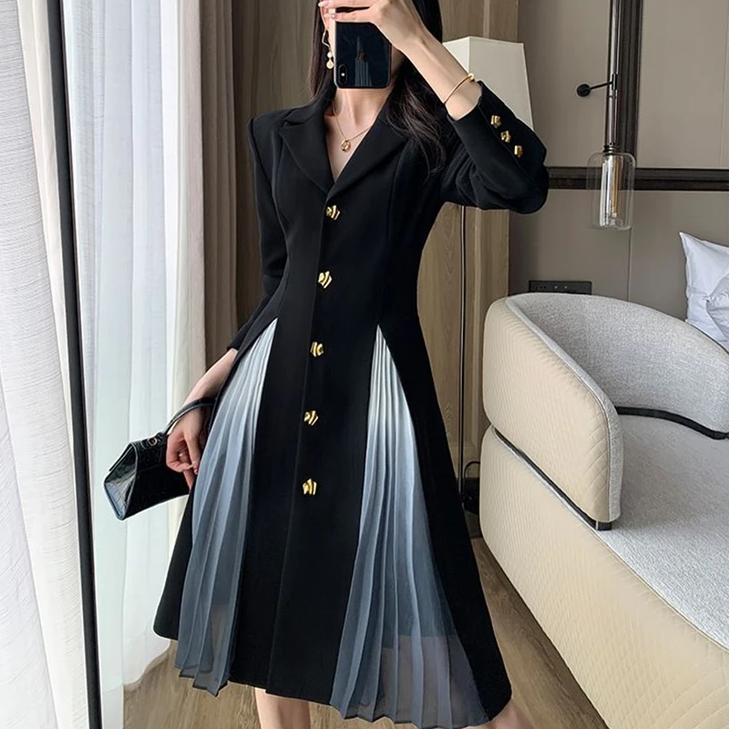 

Spring Autumn Women Black Suit Patchwork Dress Korean Office Lady Graceful Slim Notched Dresses 2023 New Business Wear Female