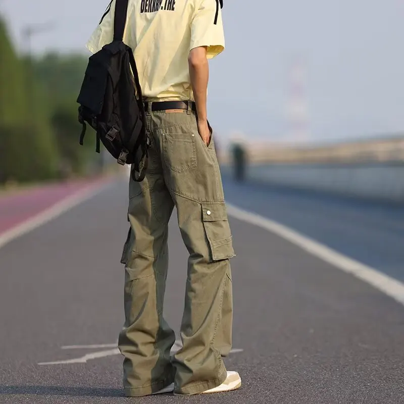 Pantalones Cargo acampanados con bolsillo Mul, diseño de deconstrucción Retro de estilo americano, pantalones largos desgastados lavados de pierna recta Unisex