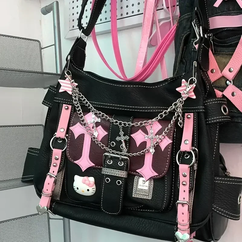 Sanrio Hello Kitty Gothic Punk Vintage Pink Cross Chains Crossbody Bags For Women Toys Hot Girl Handbag Y2k Trend Tote Bag Gift