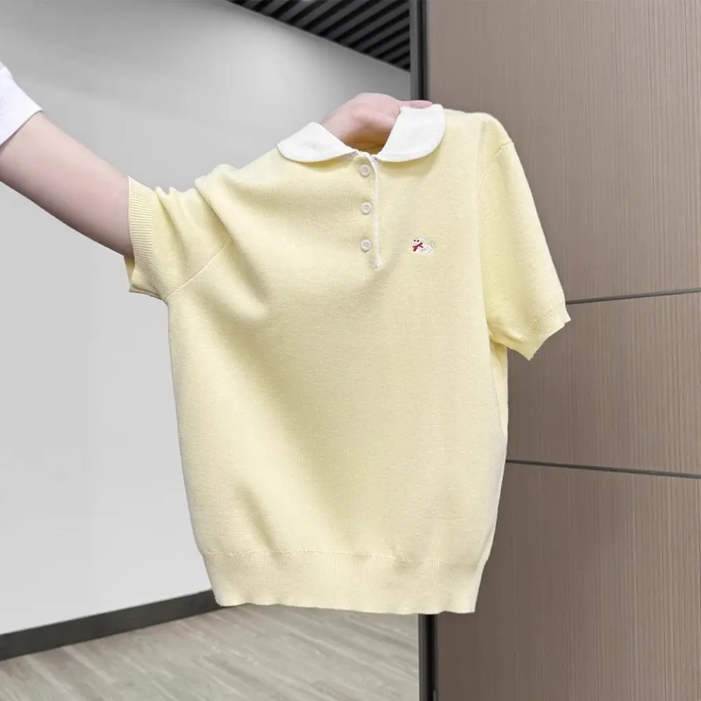 

Women's Polo Lapel Short Sleeve T-shirt Summer Academic Style Sweater Top Milk Yellow Unique Beautiful Fashion Design