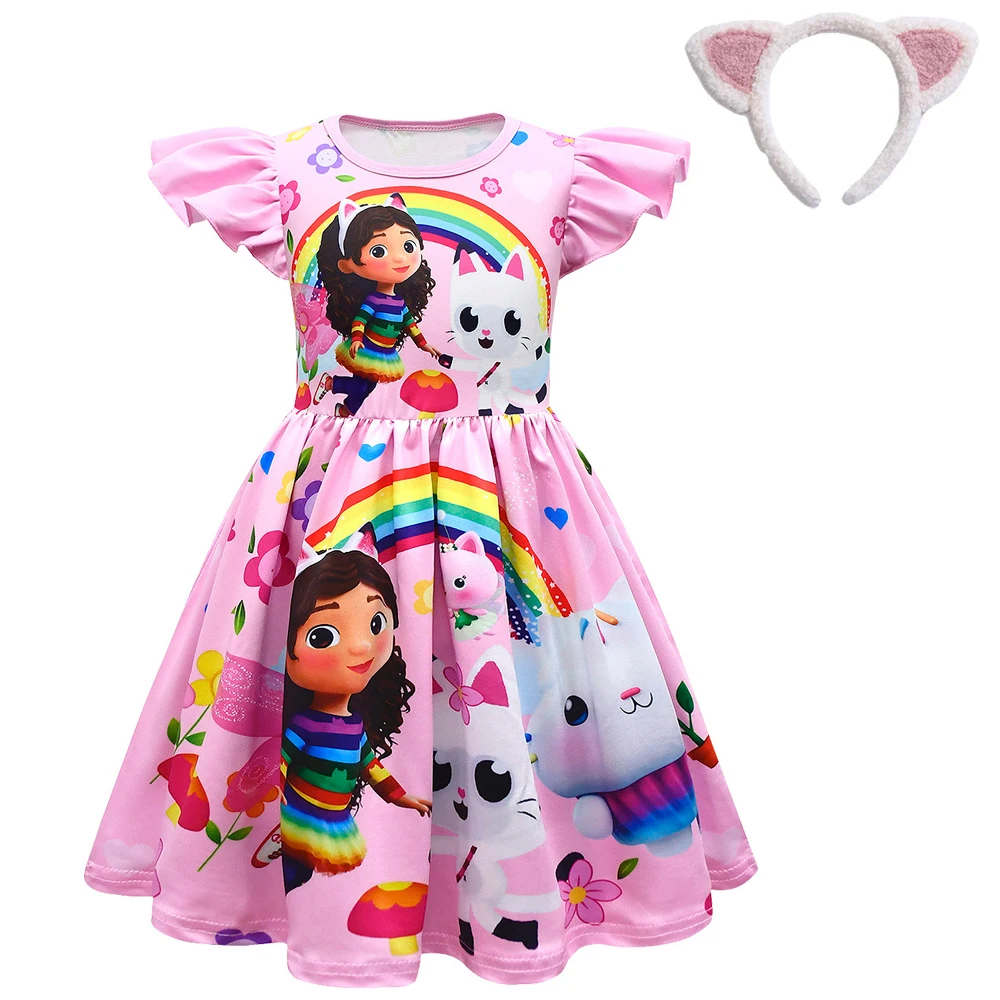 Cartoon Gabby Cats Baby Girl Dresses Kids Gabby\'s Doll House Clothes Cosplay Costume Children Fly Sleeve Casual Dress + Headband