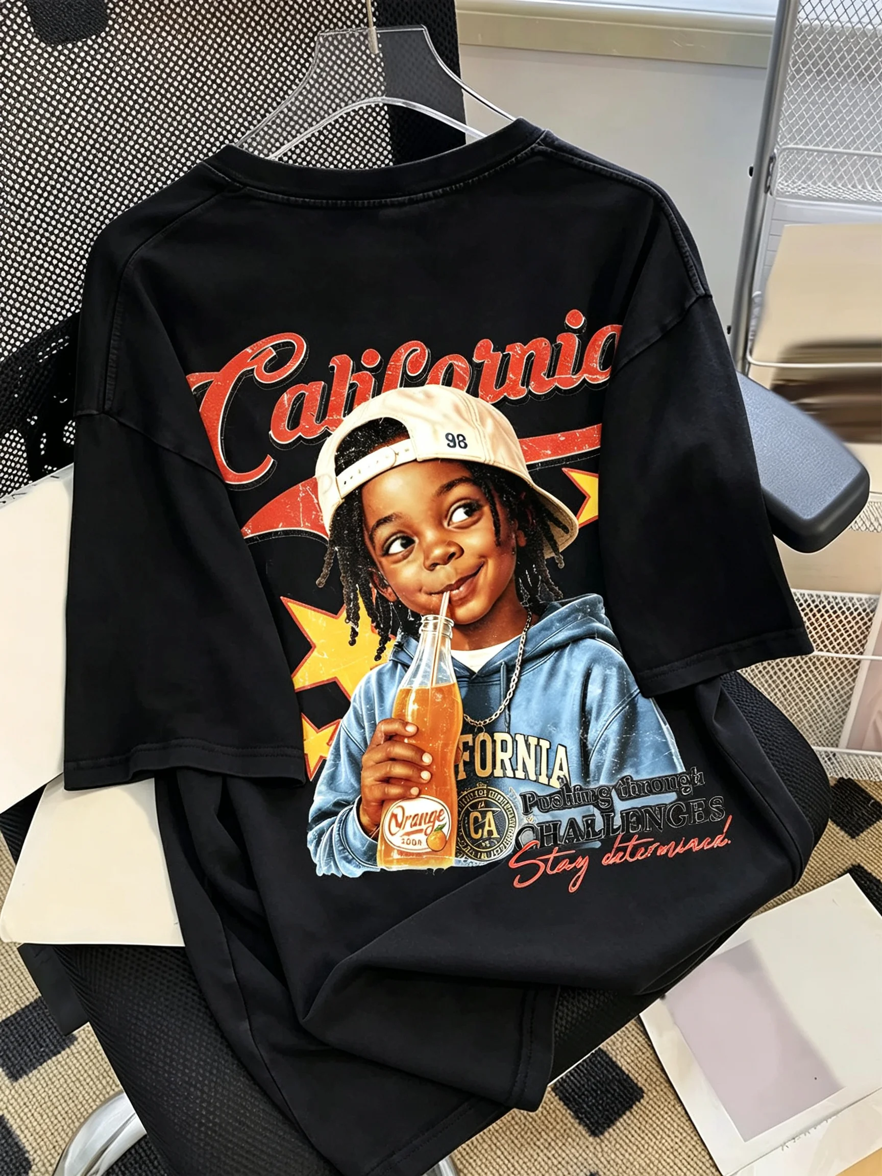 Parent‑Child Matching Oversize T‑Shirt California Vintage Boy Soda Drink Star Back Print Retro Hip‑Hop Streetwear Cotton Tee