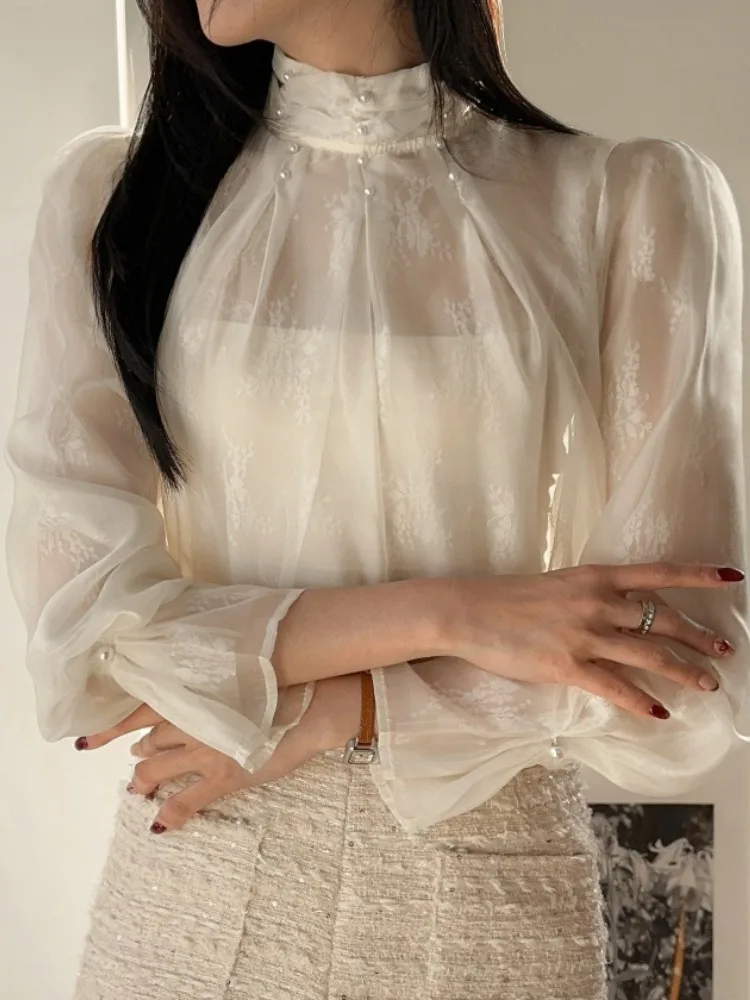 

Ele Embellied Pearl Loose irt with Lace Sve Stand Collar Spring New Sle Women's Faionable Versatile Top