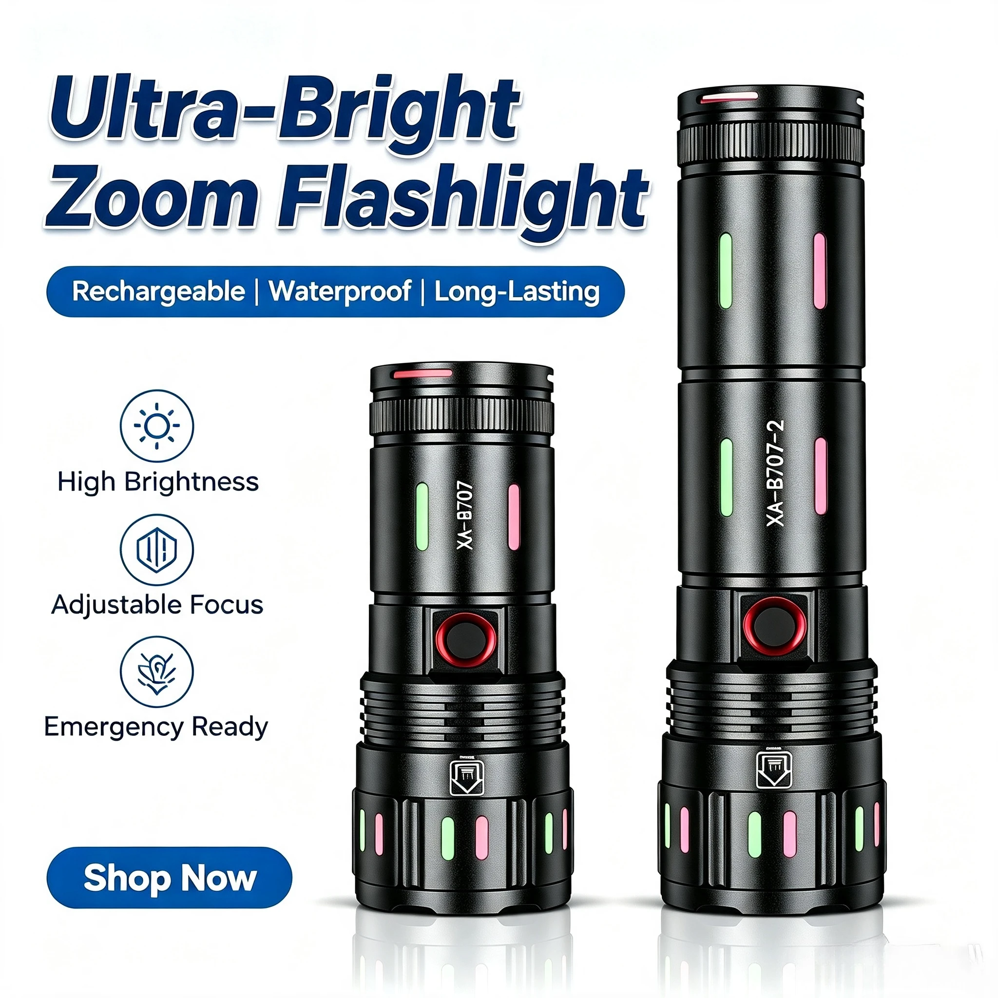 New Luminous Super Bright White Beam Flashlight TYPE-C Rechargeable 2 in 1 Torch with Power Output for Fishing Outdoor Use