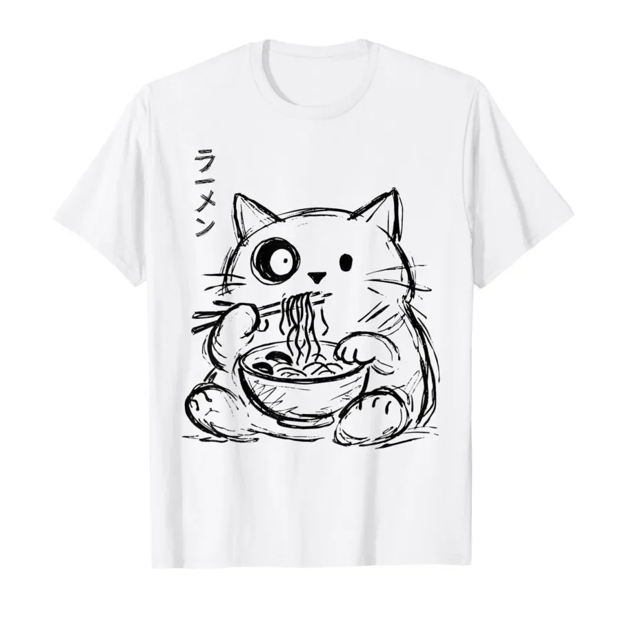 

Doodle Cat Eating Ramen Minimalist Hand Drawn T-shirt For Men Women 100% Cotton T Shirts Short Sleeve Tops 0410-3