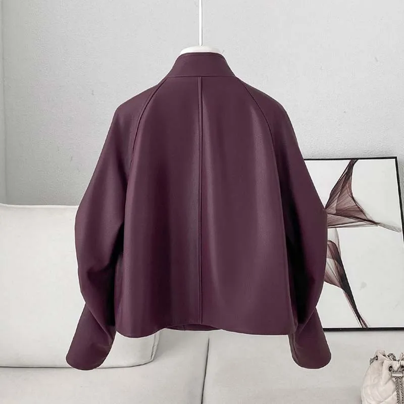 2026 New Wine Red Short Leather Jacket Women Autumn Winter Temperament Loose Women's Washed PU leather Motorcycle Jackets Tops