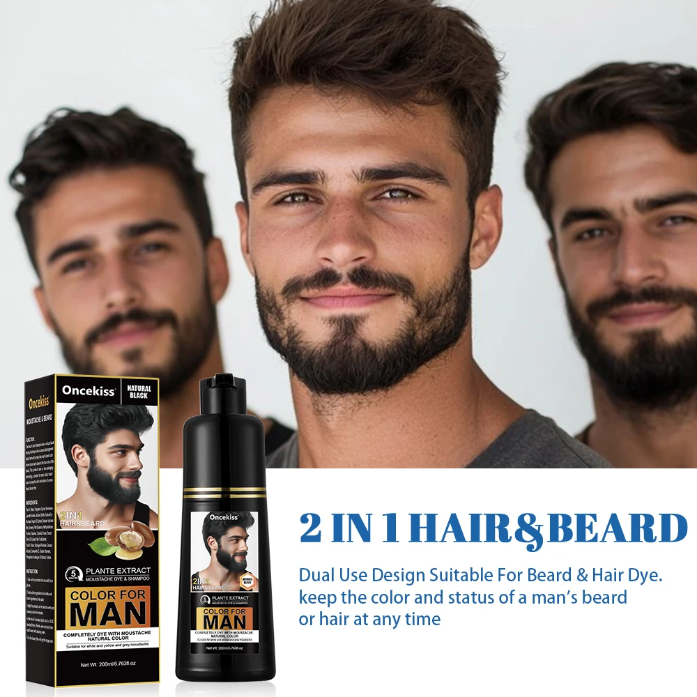 Black Beard Hair Dye Shampoo for Men, Semi-permanent Hair Dye Shampoo 2in 1 Care Hair Dye to Cover Gray Beard And Hair