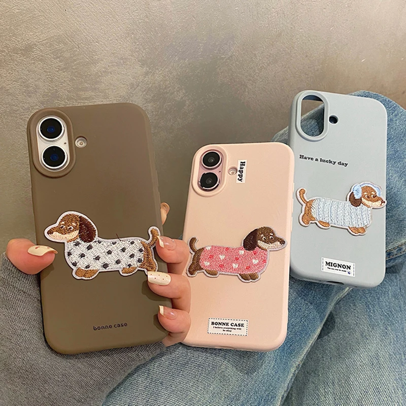 Cartoon Cute Embroidered Sausage Puppy Case For iPhone 16 Pro Max 15 13 14 12 16 Plus Lovely Dog Soft TPU Back Cover