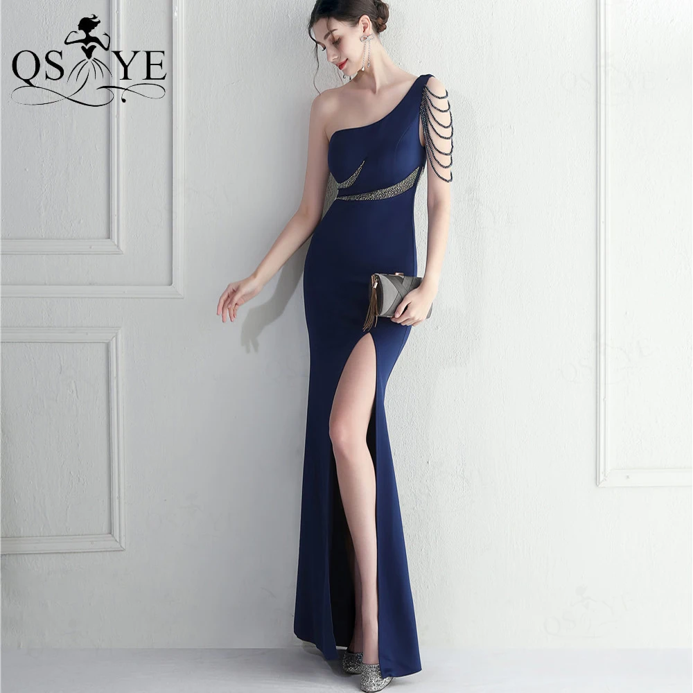 One Shoulder Navy Evening Dresses Beading Strings Hot Drill Waist Stretchy Jersey Open Split Prom Dress Sequins Fit Party Gown