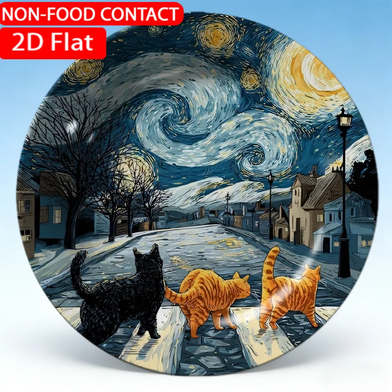1pc Elegant Ceramic Decorative Plate- Cat Planet Theme Design Non-food Contact, Home Desk Ornaments, Living Room and Bedroom