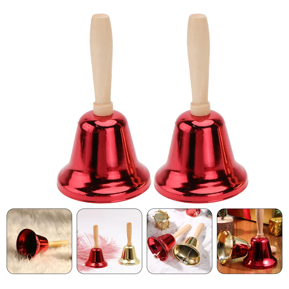 

2Pcs Christmas Hand Bells Wooden Handle Loud Clear Sound Service Bell Party Decoration Reception Restaurant Percussion Props
