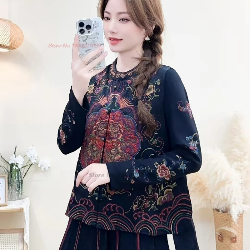 2025 national flower embroidery satin jacquard vintage vest chinese o-neck folk vest oriental hanfu tops retro sleeveless jacket