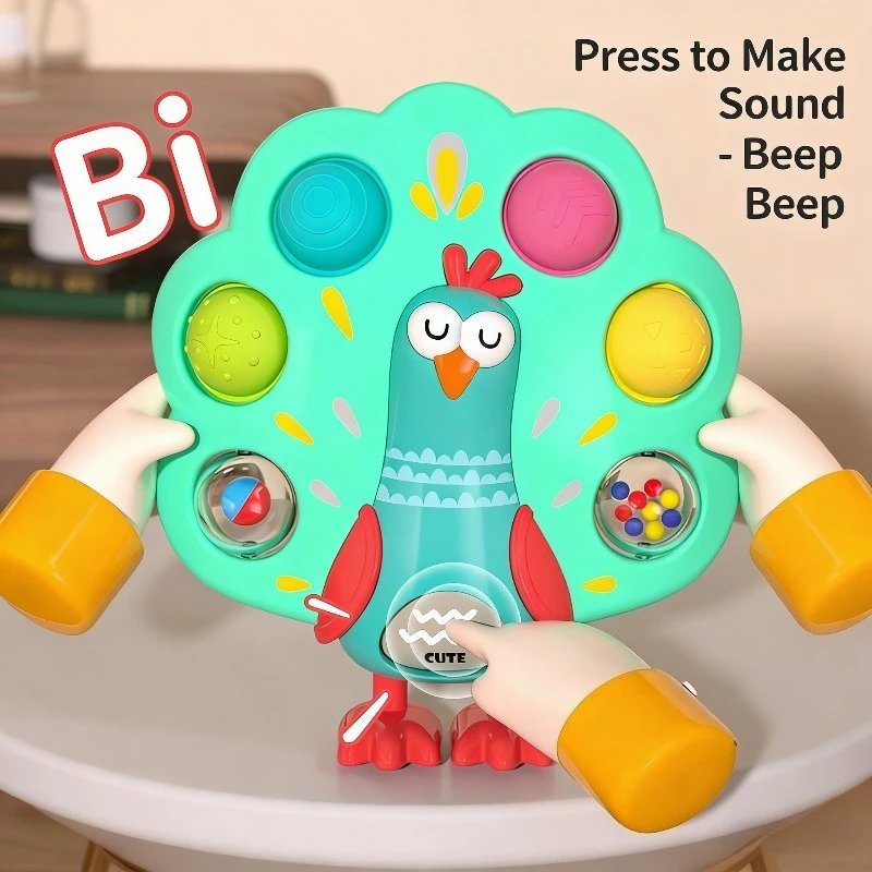 Baby Pfau Drückhand-Griffbrett Musikring-Spielzeug Vorschul-Puzzle Fingertrainingsspielzeug Spaßiger Stressabbau-Ball aus Sicherheitsmaterial