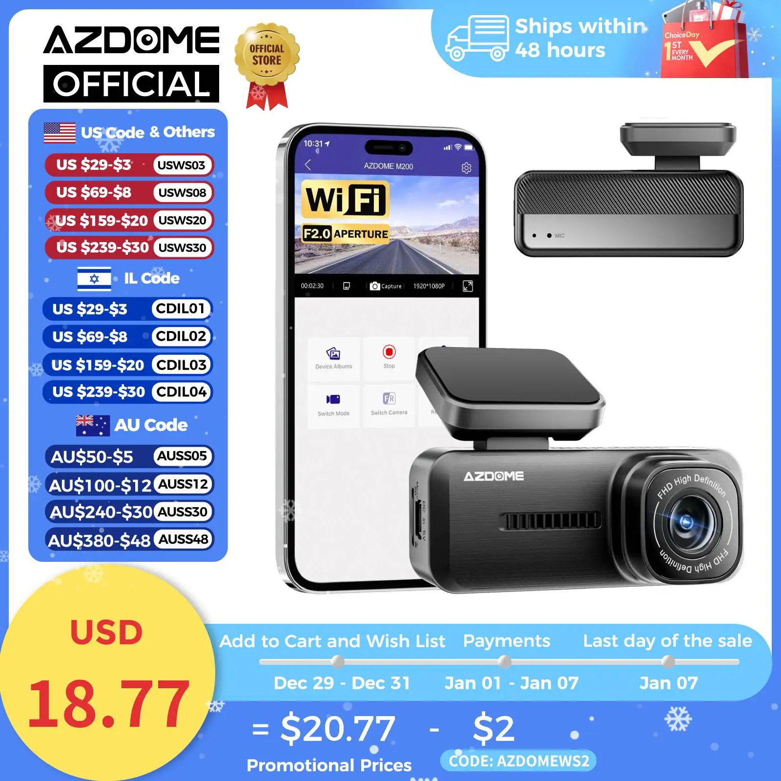 Global AZDOME Front Dash Cam M200 Record 1080P FHD F2.0 24H Parking Monitor AZDOME Car DVR M200 WIFI APP 150° FOV