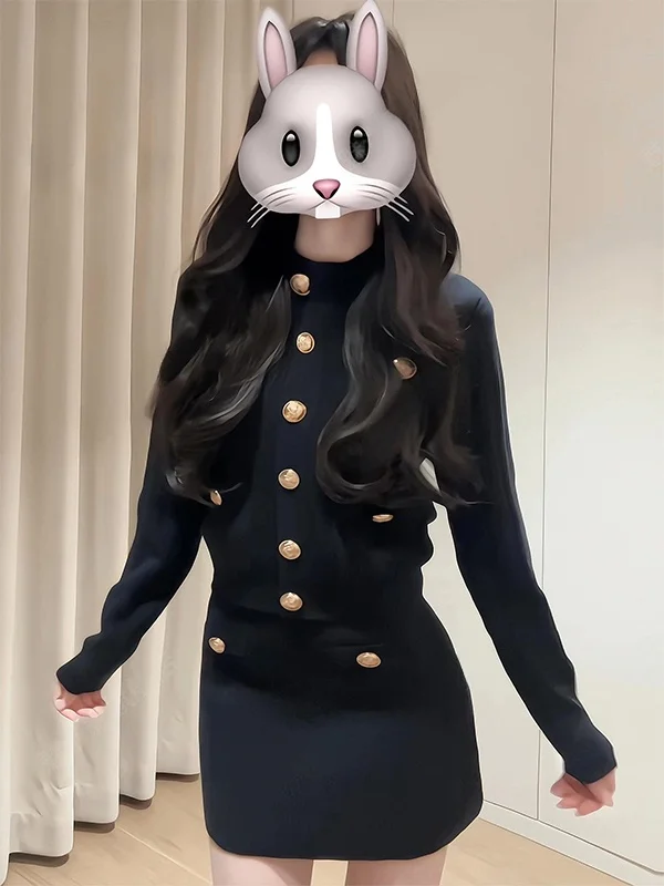 

Elegant Black Knitted Set Women's Autumn Winter High Waist Short Skirt And Long Sleeve Sweater Outerwear Two Piece Suit