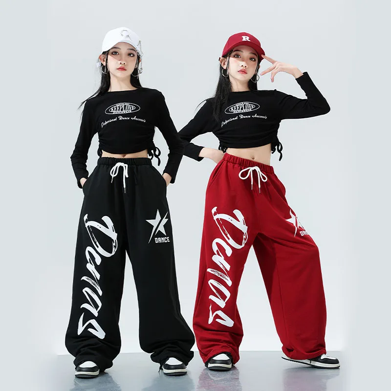 Kid Kpop Hip Hop Clothing Black Lace up Crop Top Long Sleeve T Shirt Casual Sweat Pants for Girl Boy Dance Wear Costumes Clothes