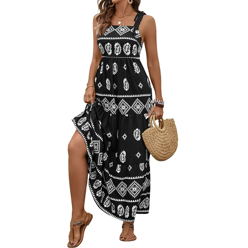 Abito stampato in stile etnico 2025 Estate Nuovo abito sexy per le vacanze casual Abiti Boho da donna in stile nero