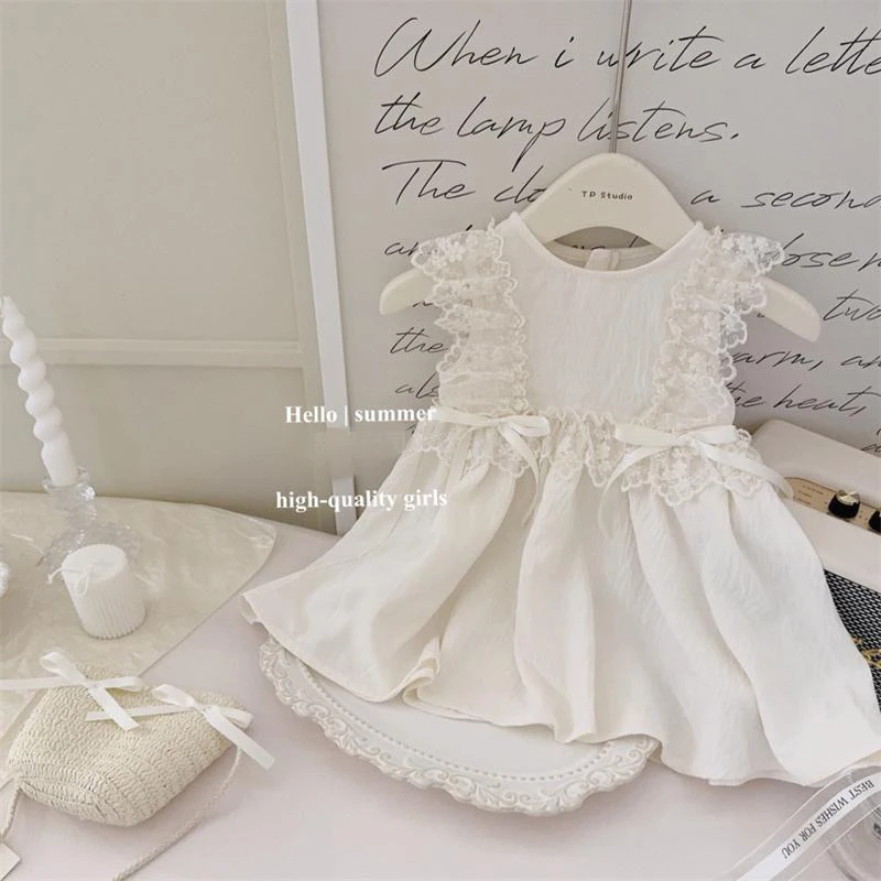 Summer Solid Lace Lace Lace Fly Sleeve Dress For Baby Kids Cute Bow Princess Dress For Kids Girl