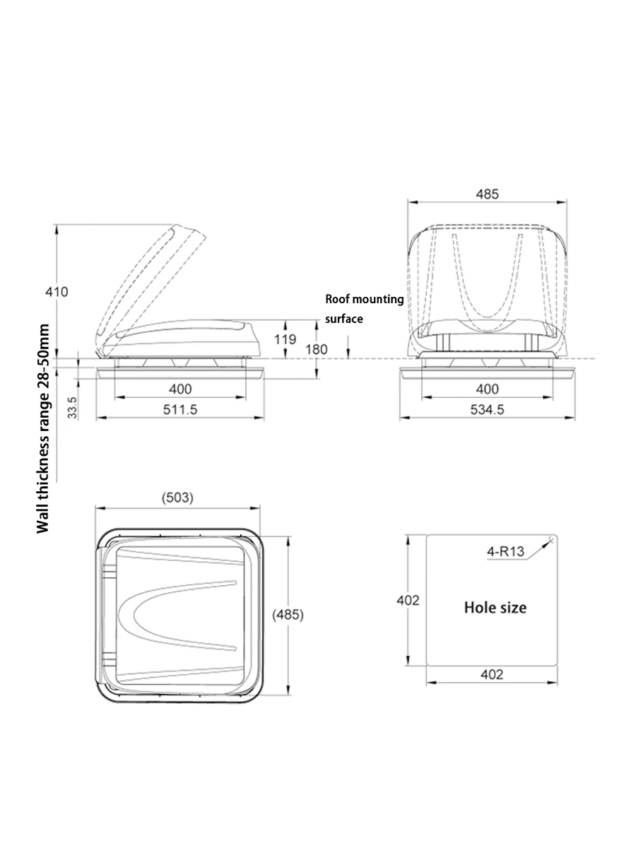 RV breathable sunroof with privacy curtain with insect repellent with LED light