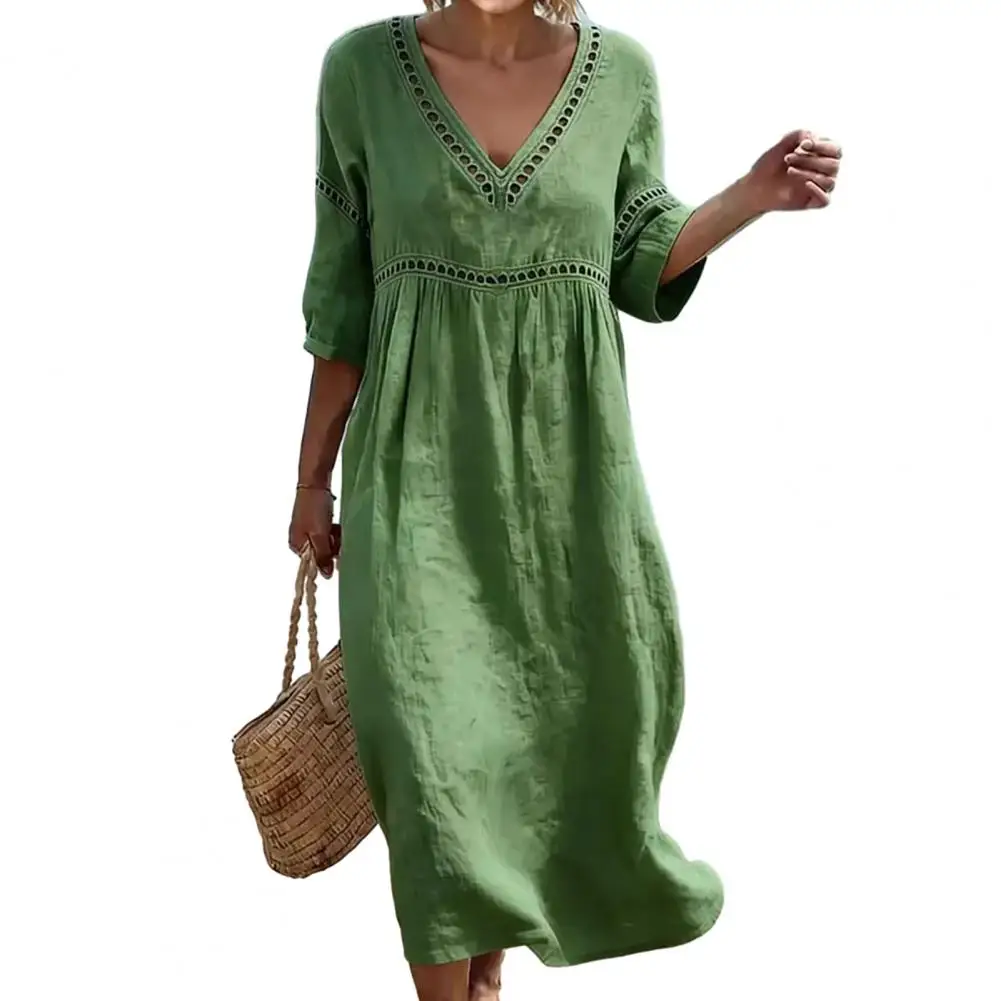 Damenkleid für Frühling/Sommer, einfarbig, lässig, V-Ausschnitt, Bohemian-Stil, hohle Spleißverarbeitung, Leinen, mittellang bis lang, A-Linien-Kleid, Strandkleid