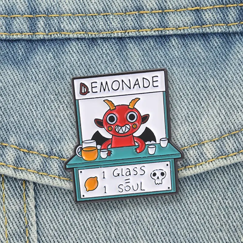 Demonade Emaille-Anstecknadeln, 1 Glas = 1 Seele, Broschen, Anstecknadel, lustiger schwarzer Humor, Teufel, Limonade, Schmuck, Geschenk für Freunde