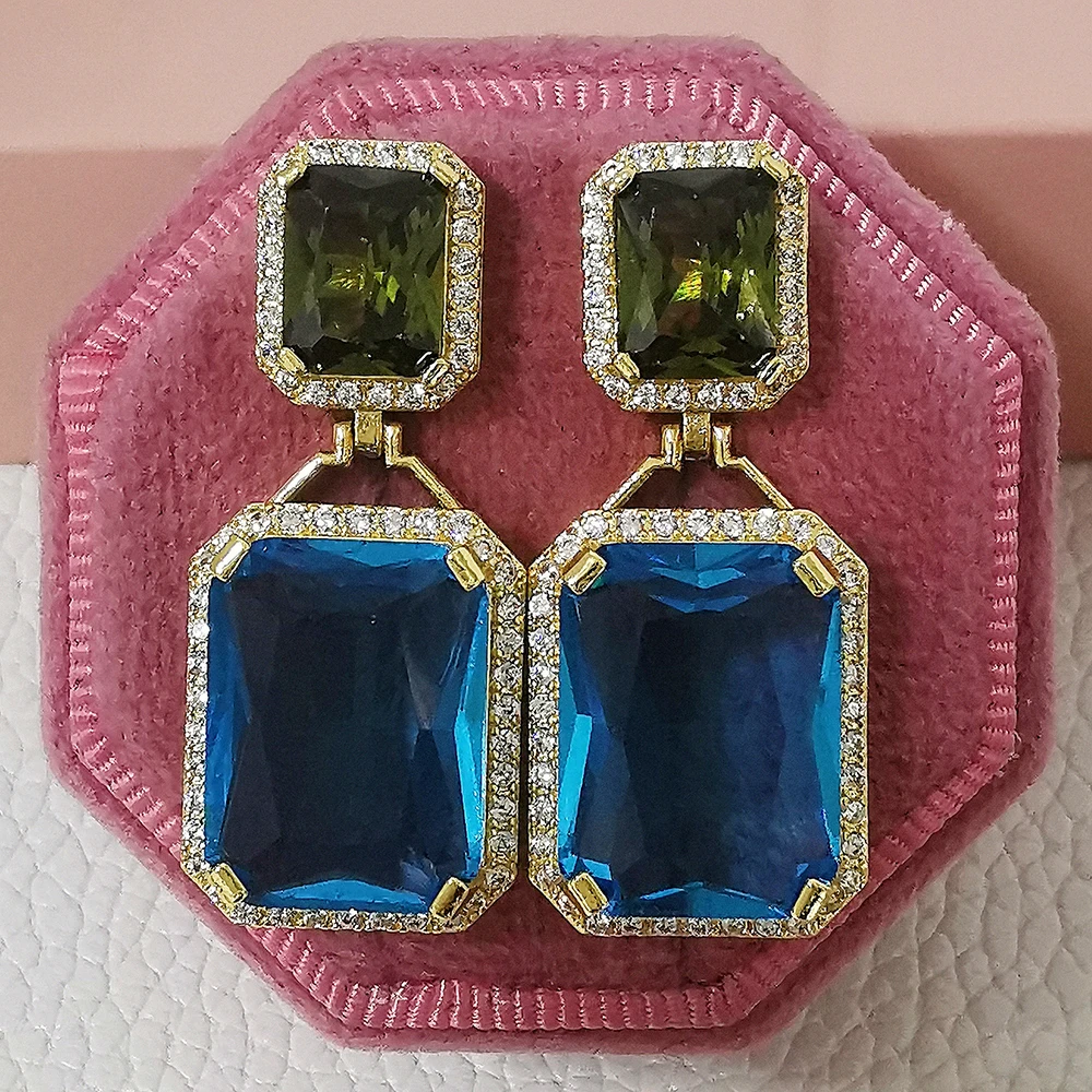 2024 New Fashion Luxury Blue Color Square Pendant Earrings for Women Party Gift Jewelry E7968