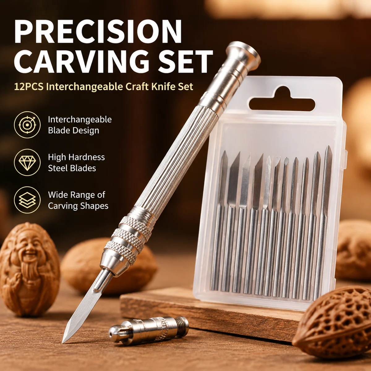 12-Piece Precision Carving Knife Set with Interchangeable Steel Blades and Metal Handle for Fine Detail Work