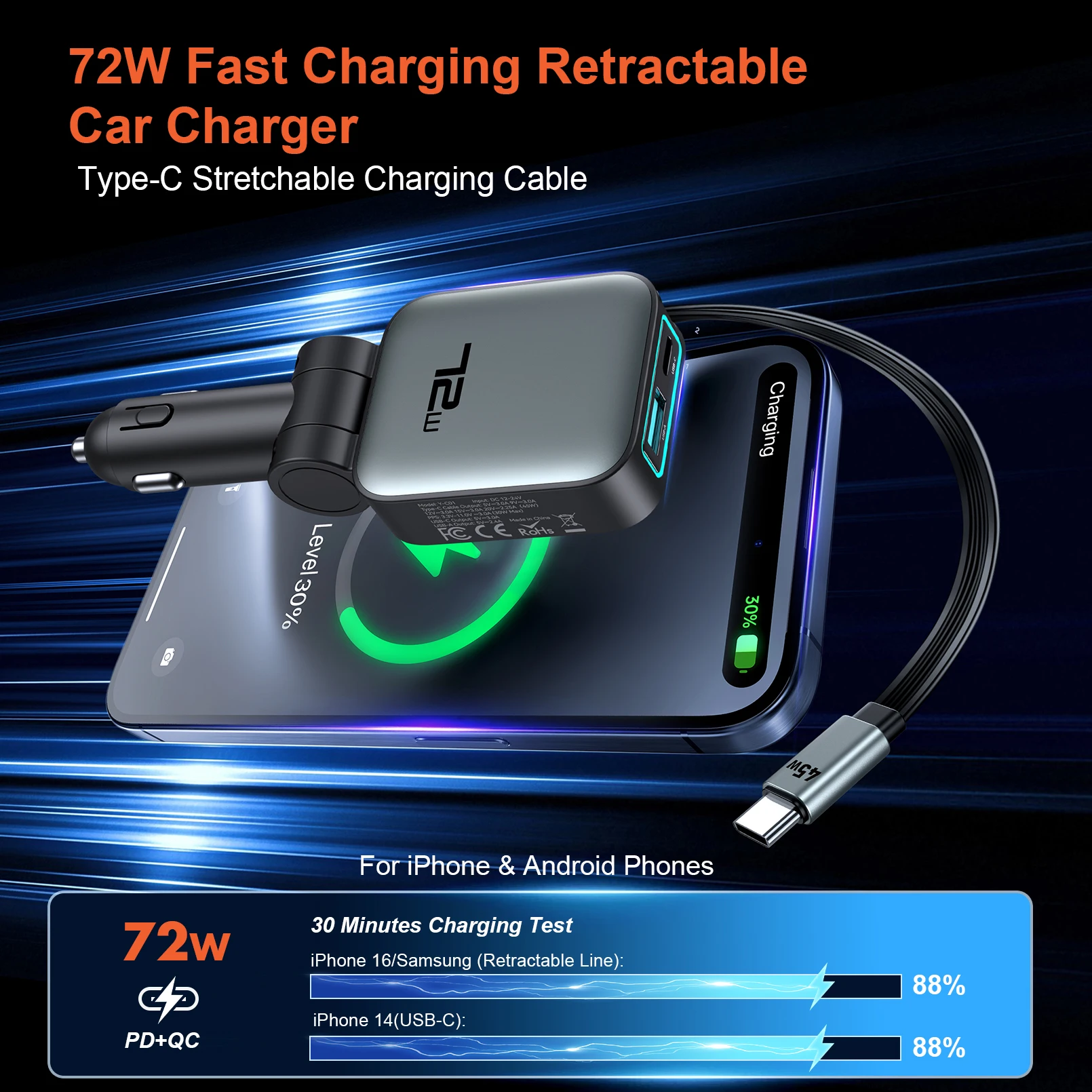 Car Charger Super Fast Charging One-to-Two Retractable Cable Car Cigarette Lighter Converter Compatible with Apple 17 and Huawei view 2