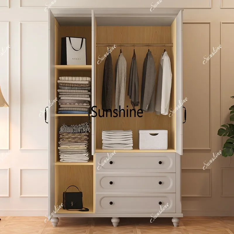 YFrench Style Three-Door Wardrobe Made of Solid Wood with Legs Designed for Large Bedroom Storage