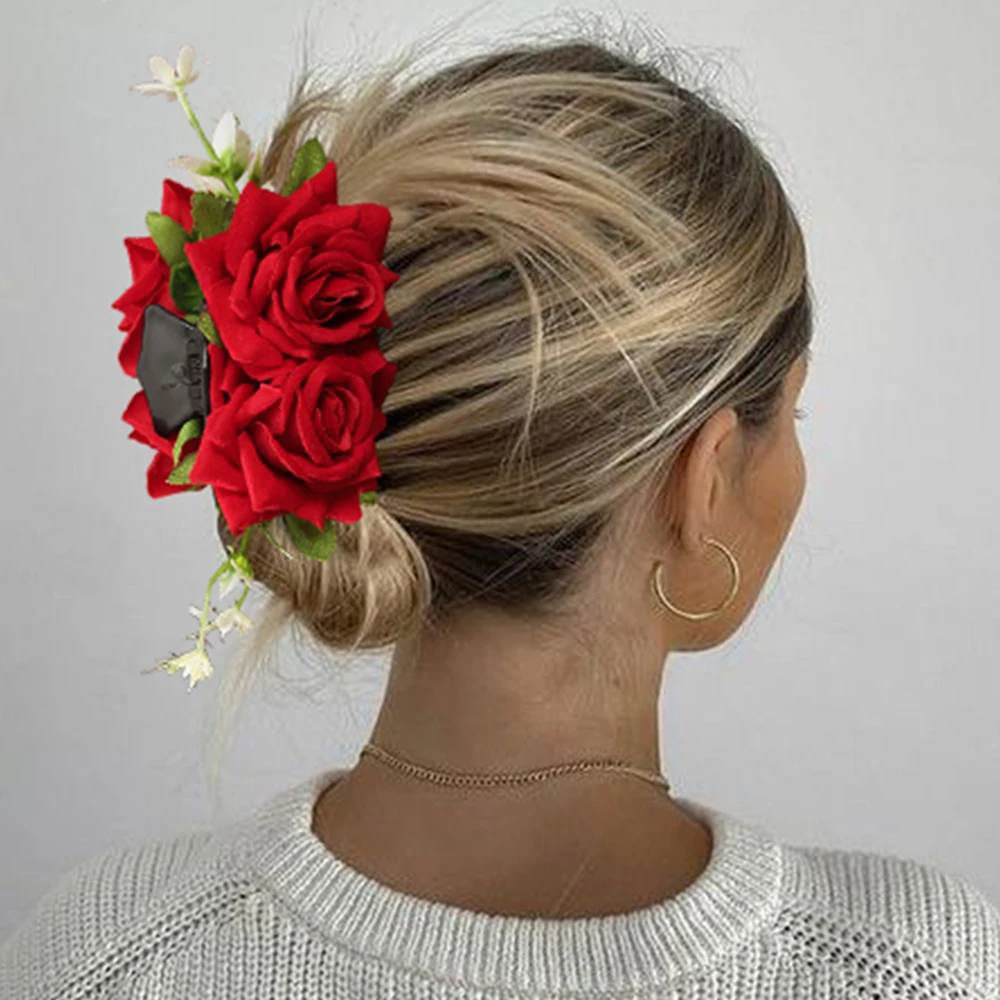 Wedding Red Hair Claw Women Festival Valentine\'s Day Hairpin Crab Fashion Flowers Ponytail Hair Clip Hair Accessories Gifts