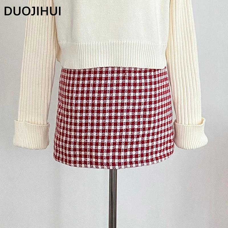 DUOJIHUI New Red Plaid Chic High Waist Loose Women Autumn Basic Sweet Slim Fashion Street Spell Color Mini Skirts Female Skirts