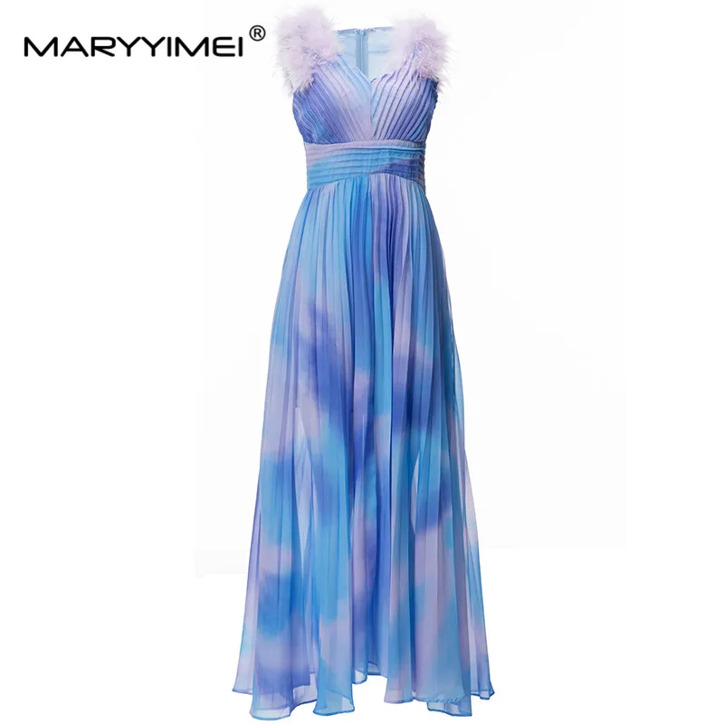 Maryimei Fashion Designer Summer women's Dress con scollo a v Feather senza maniche Beach vacation abiti pieghettati