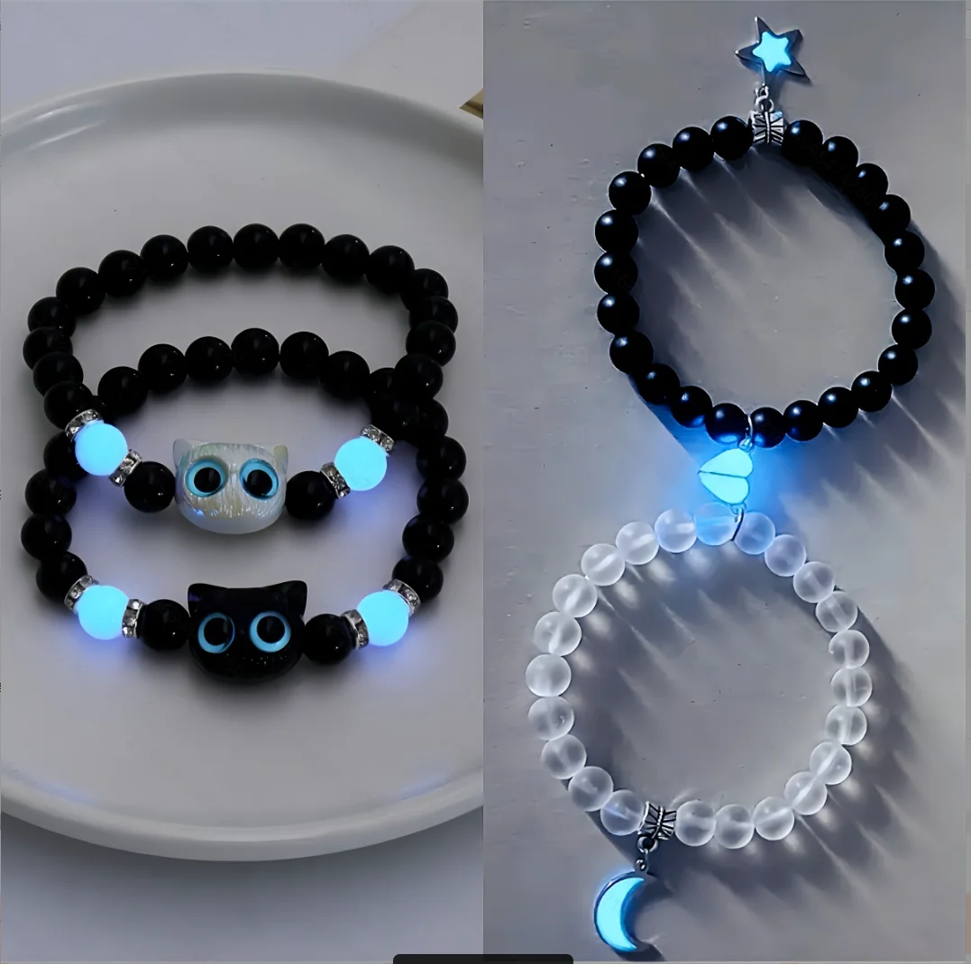 4Pcs Cute cat with Sun and Moon Glow in the Dark Lover Bracelets BFF Bracelets